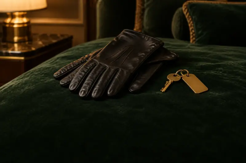 A pair of black leather gloves on dark green velvet beside a brass hotel key, with a lamp and marble table behind.