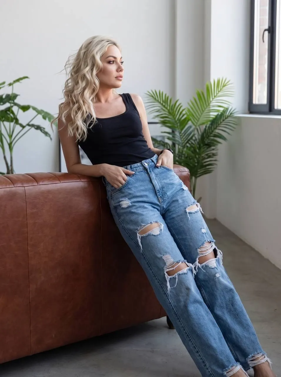 Woman in black tank top and ripped blue jeans.