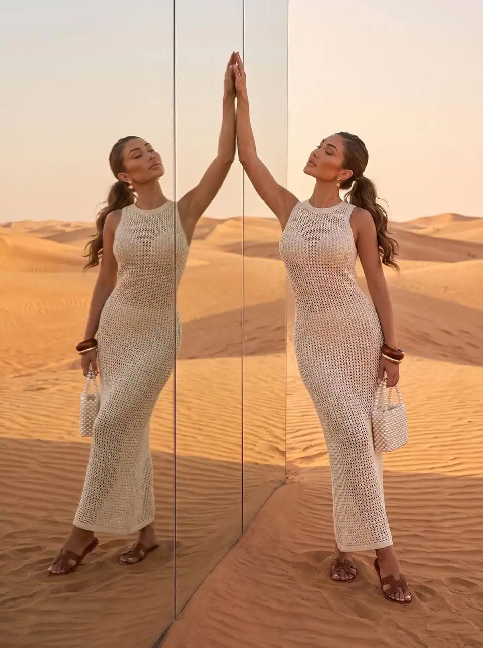 Woman in crochet dress reflecting in a desert mirror.