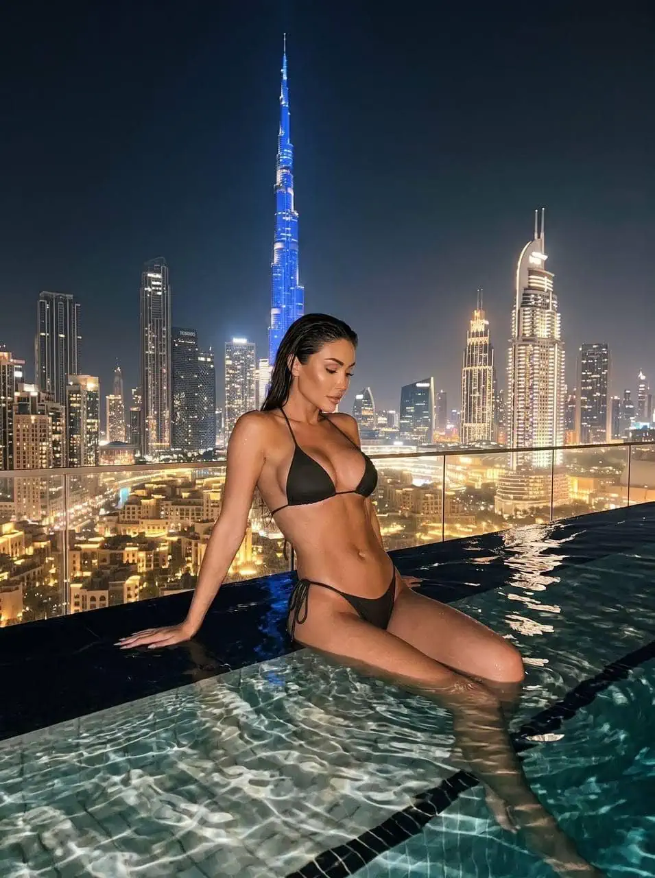 Woman in bikini by infinity pool with Dubai skyline background.