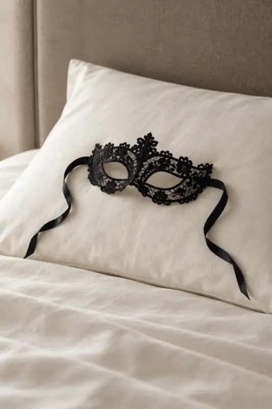A black lace masquerade mask with thin black ribbon ties on a cream pillow, with cream bed linen and a taupe headboard behind