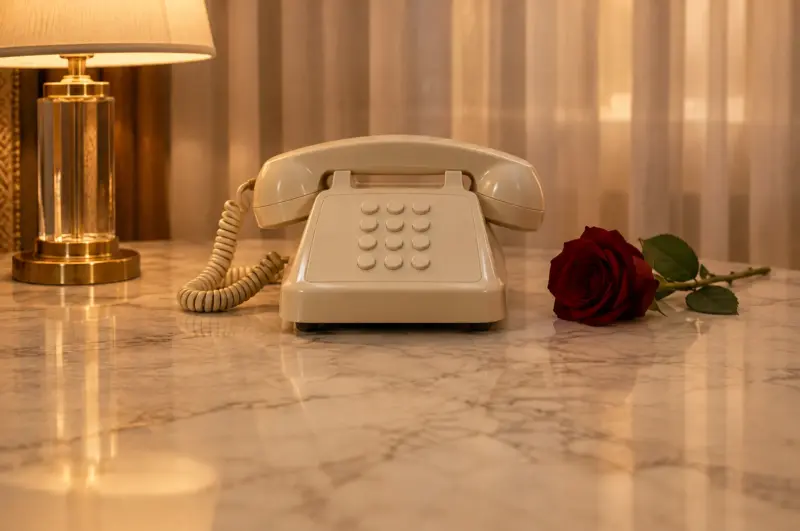 A cream push-button hotel telephone on a marble bedside table beside a single red rose, with a brass lamp and sheer curtains behind.