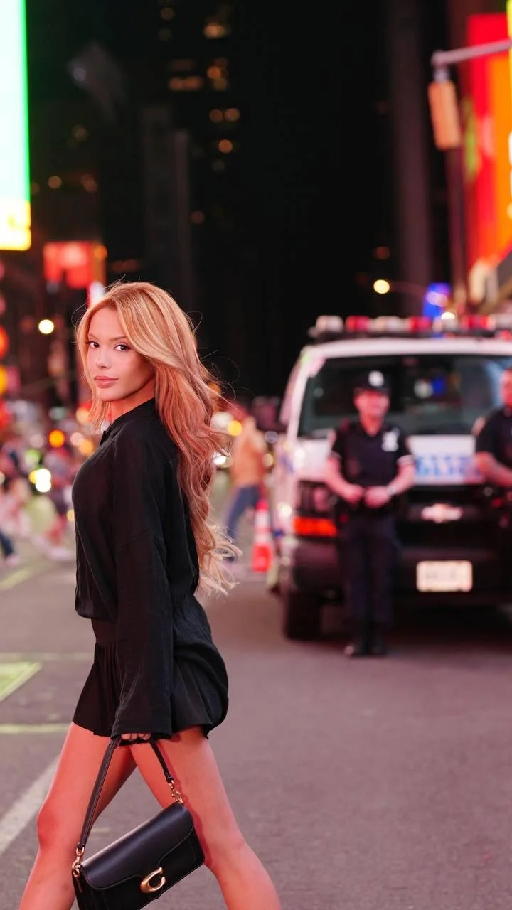 Woman in black walking in Times Square at night.