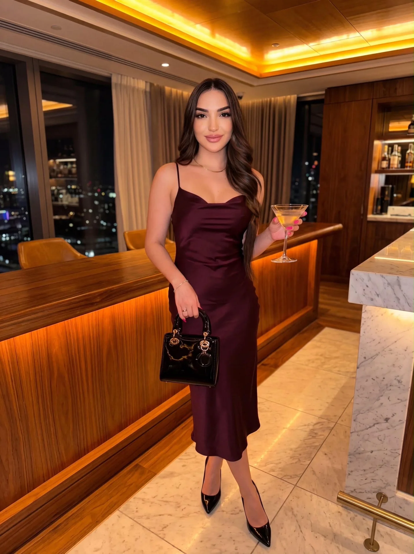 Woman in maroon satin dress holding a martini glass
