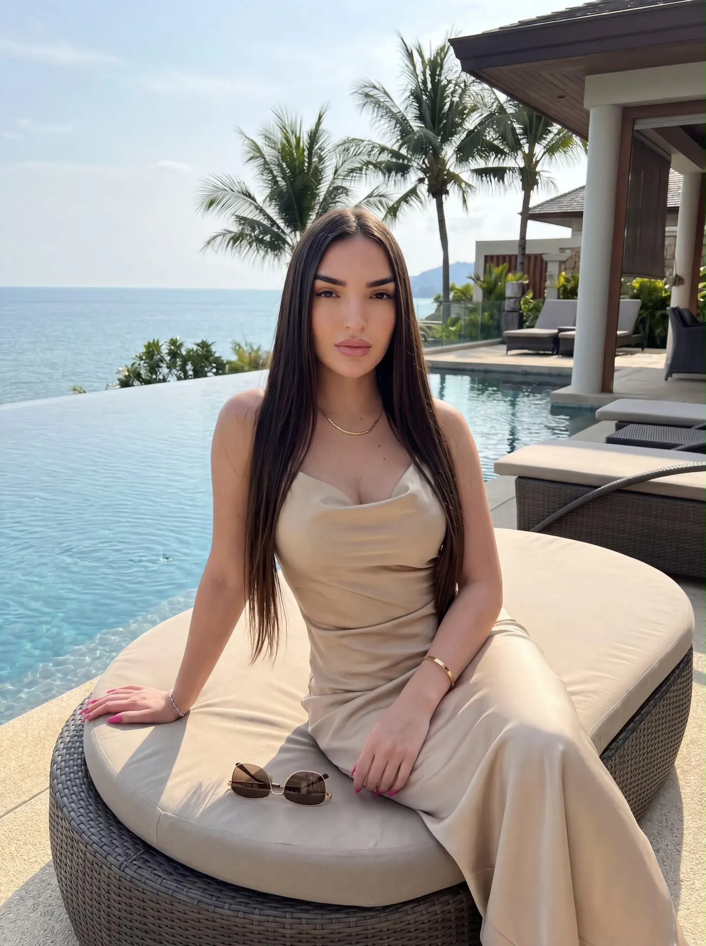 Woman in a beige dress lounging by an infinity pool