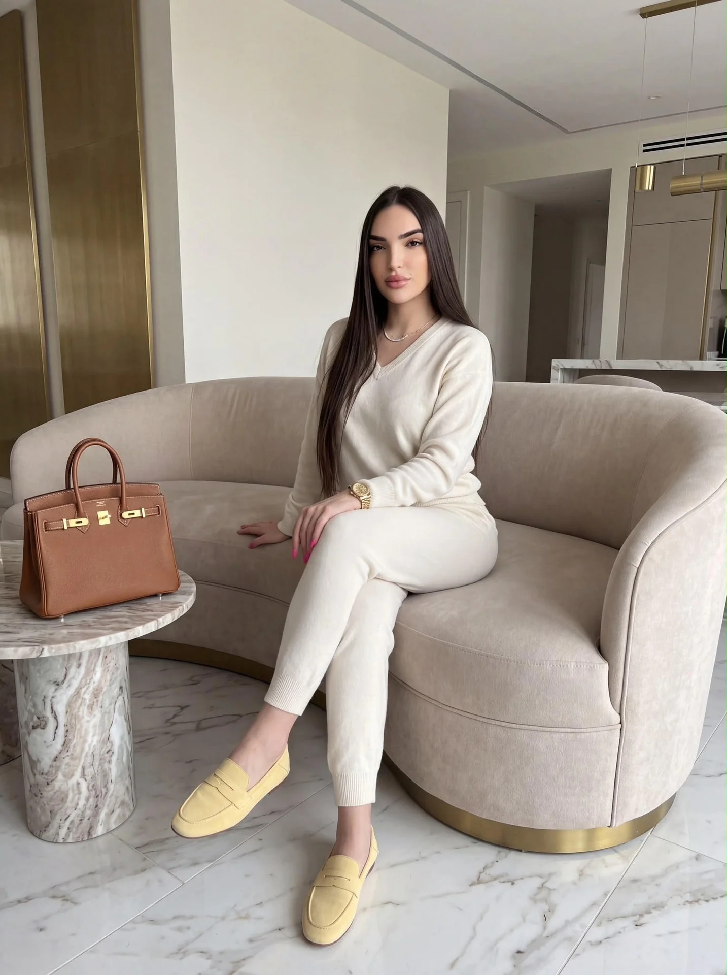Woman in cream tracksuit and yellow loafers on a sofa.