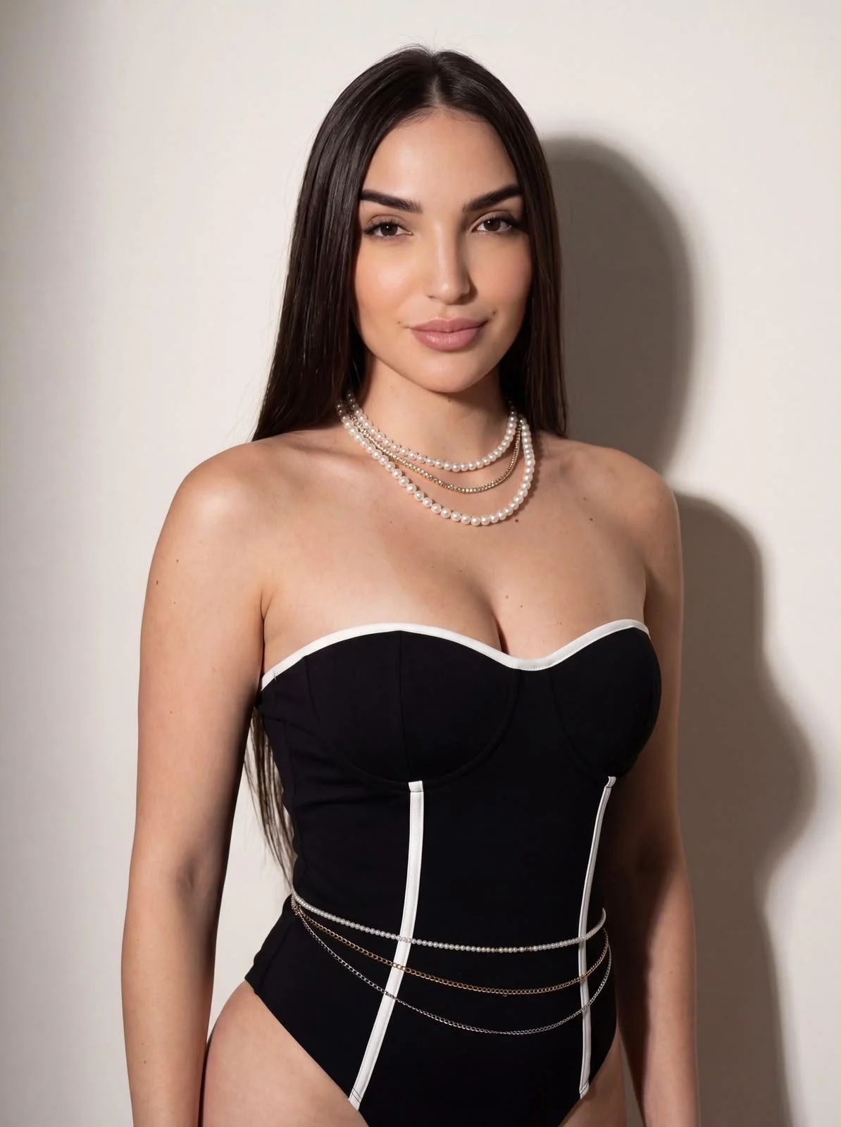 eridana Woman in black bodysuit with white piping and pearl jewellery.