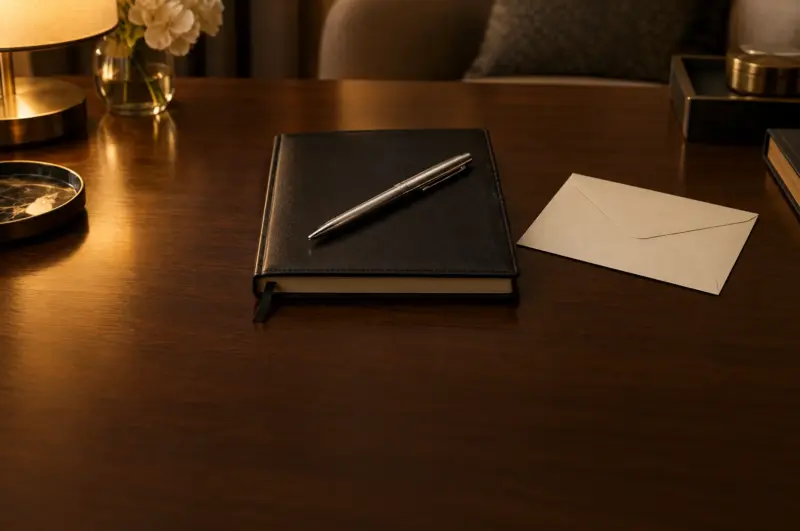 A black leather diary with a silver pen across it, beside a blank cream envelope on a dark wooden desk, with a brass lamp and white flowers behind.