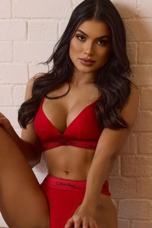 Woman posing in a red Calvin Klein lingerie set.