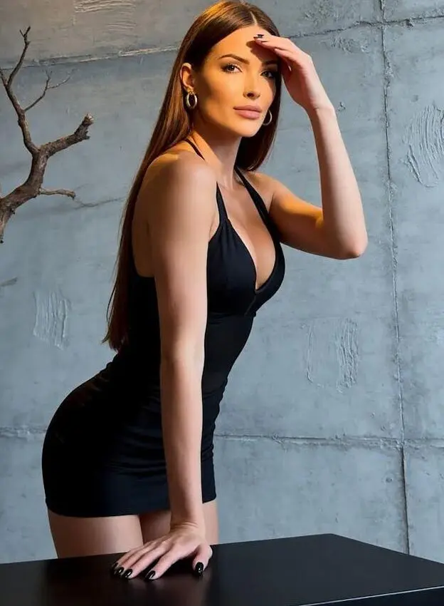 Woman in a black halter-neck dress against concrete wall.