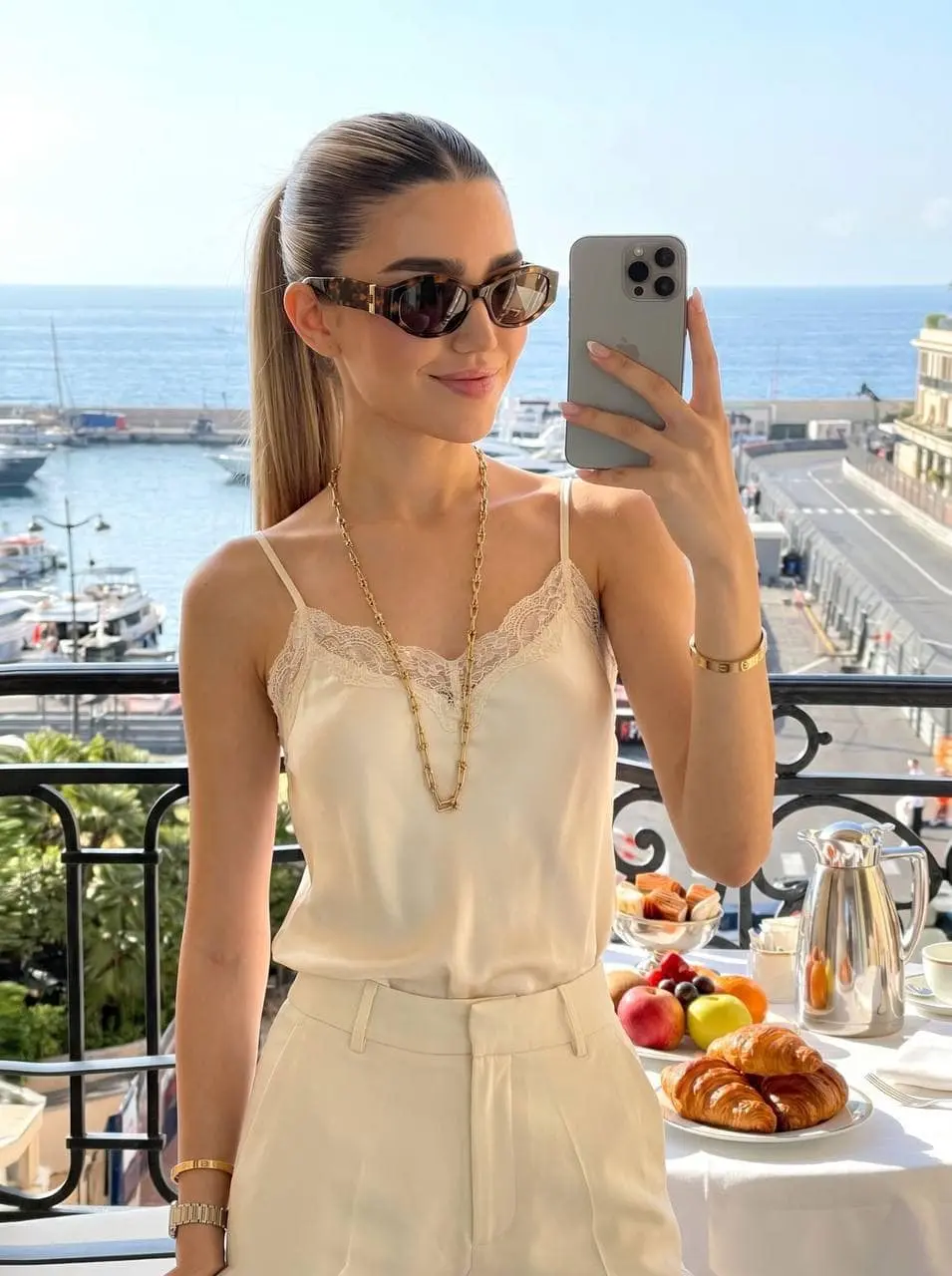 Woman in cream camisole taking a selfie on a balcony.