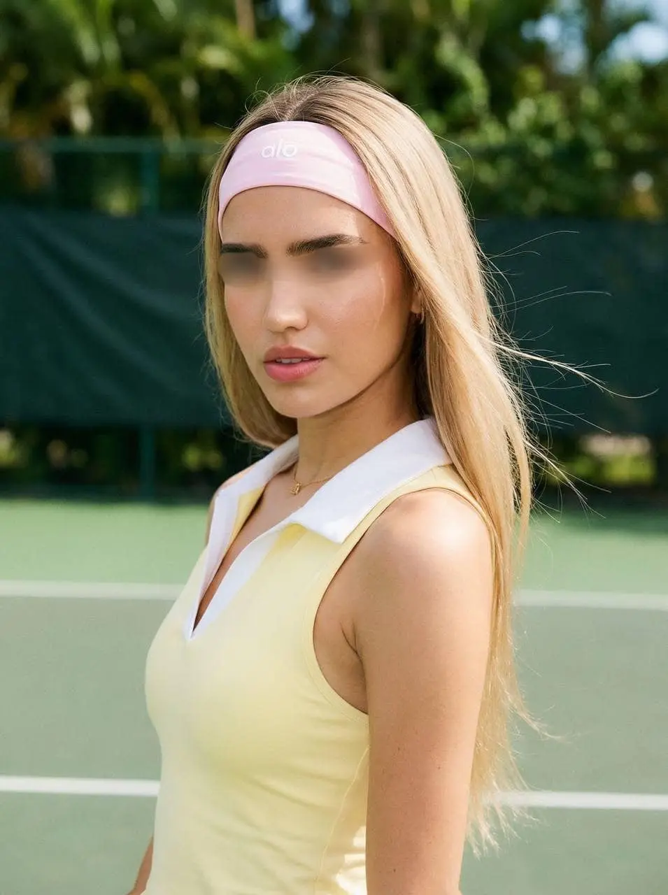 Woman in pink headband and yellow tennis dress on court.