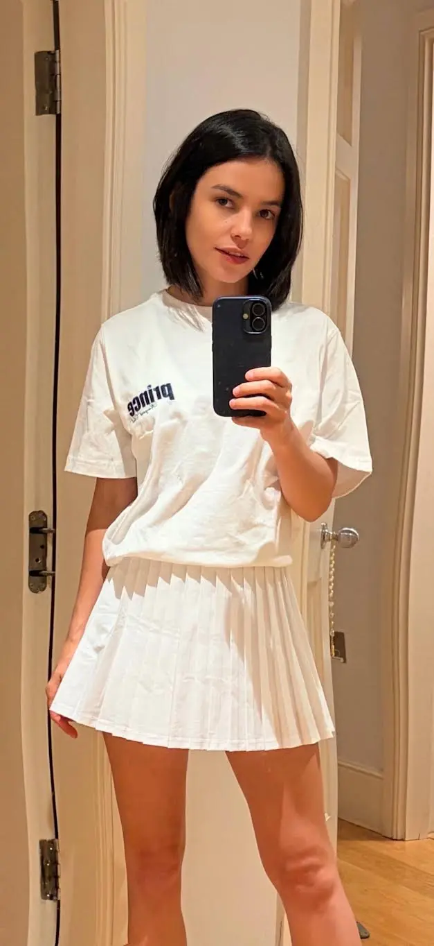 Woman in a white t-shirt and pleated mini skirt.