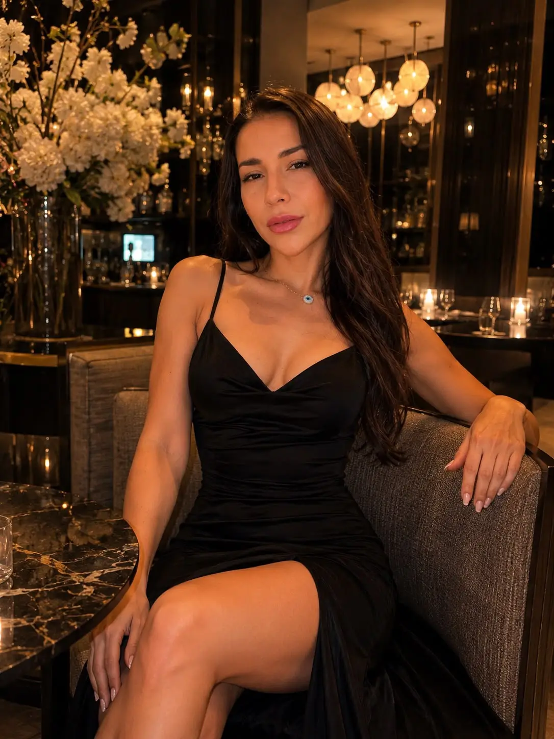 soledat Woman in black dress posing in a luxury restaurant