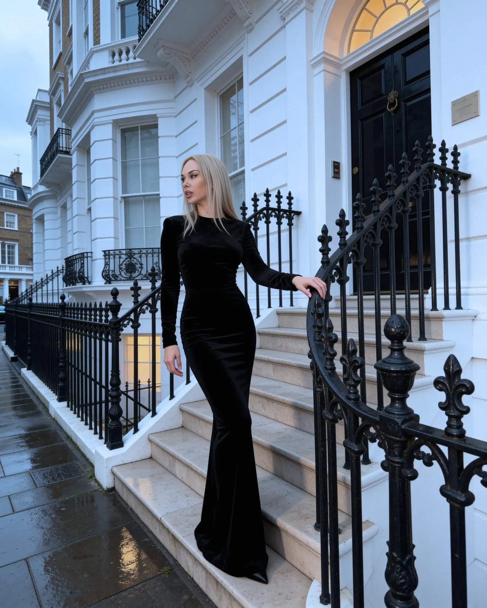 Woman in a black velvet gown on London townhouse steps.