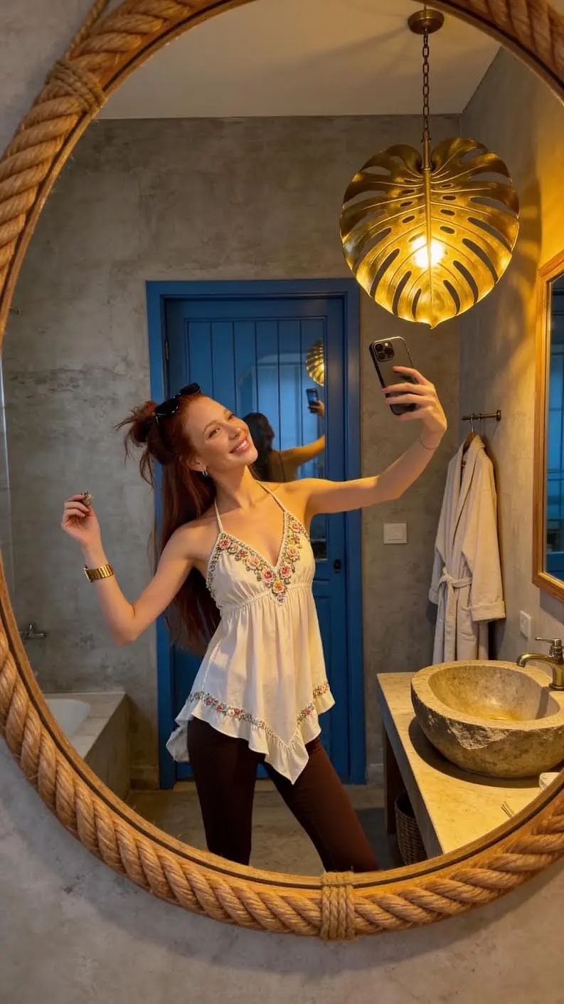 Redheaded woman taking a mirror selfie in a rustic bathroom.