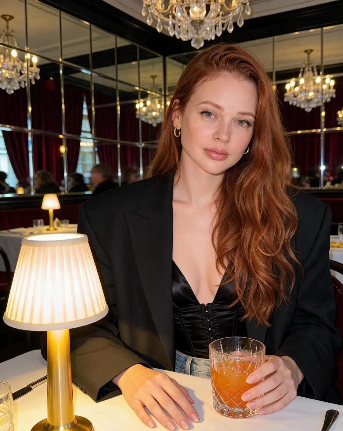 Woman with red hair holding a cocktail in a restaurant.