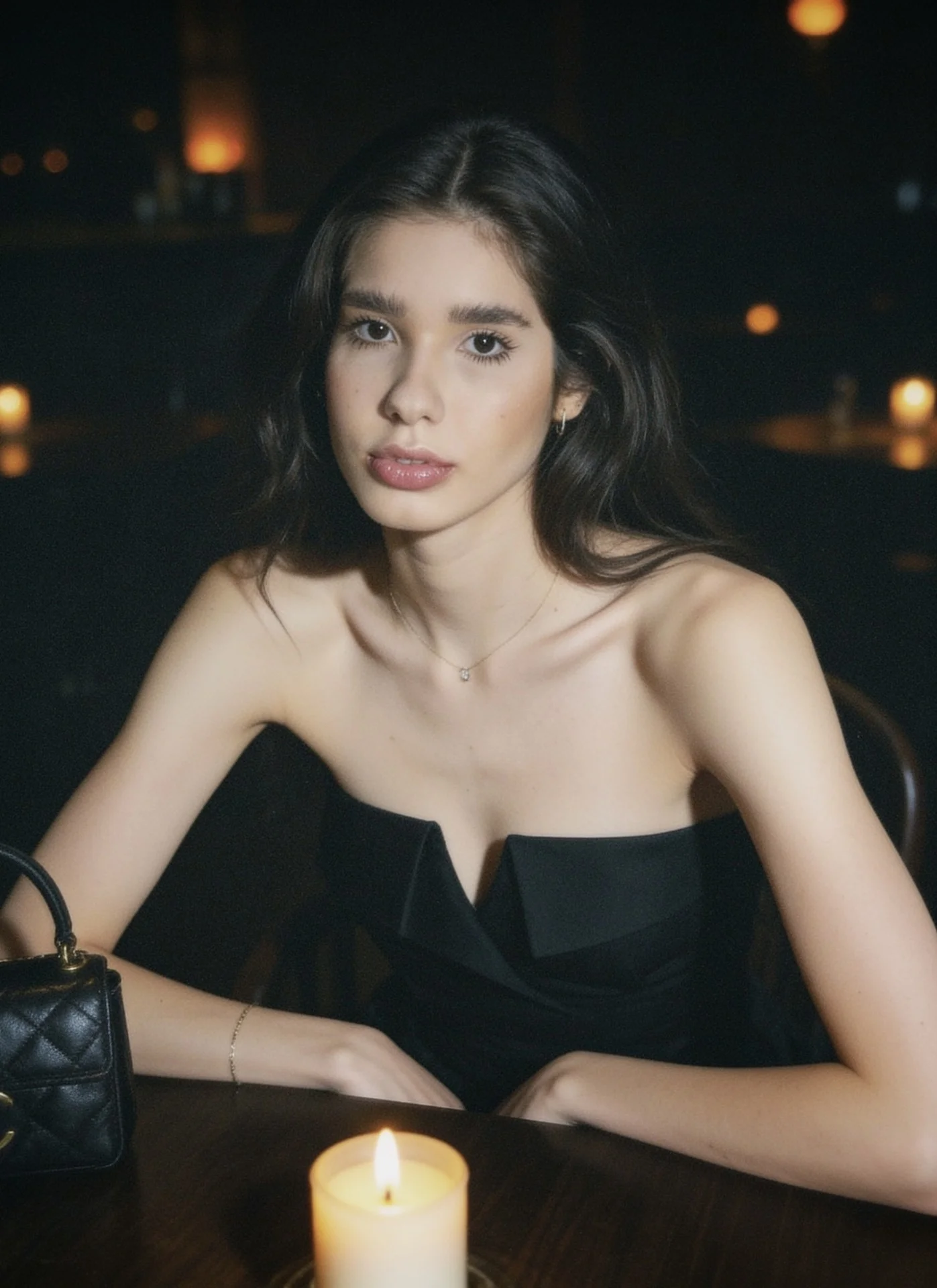Elegant woman in black strapless dress at a candlelit table