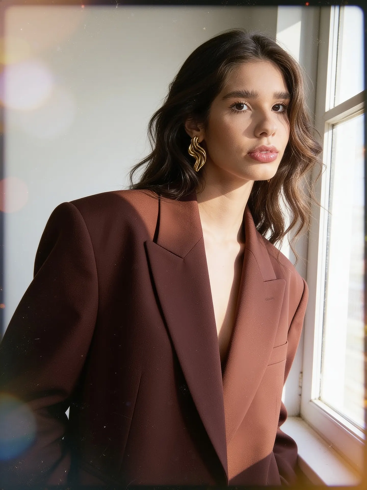 Woman in a brown blazer and gold wavy earrings