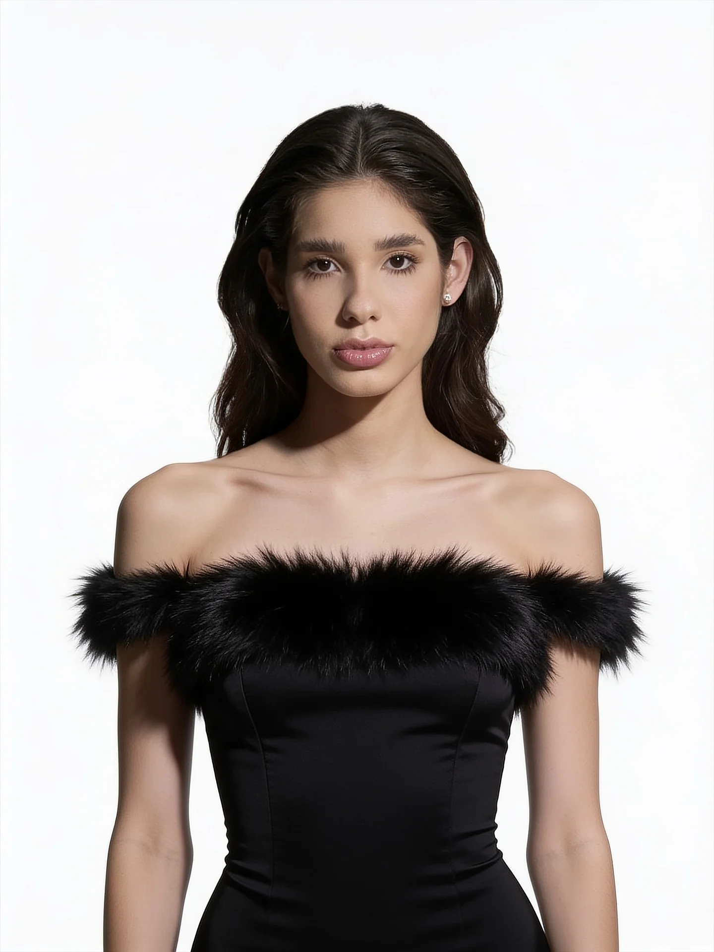 Woman wearing black bardot dress with faux fur neckline.