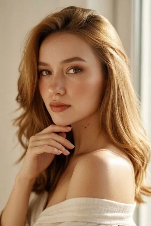Portrait of a woman with long strawberry-blonde hair.