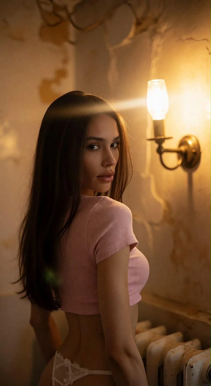 Woman in pink crop top looking over her shoulder.