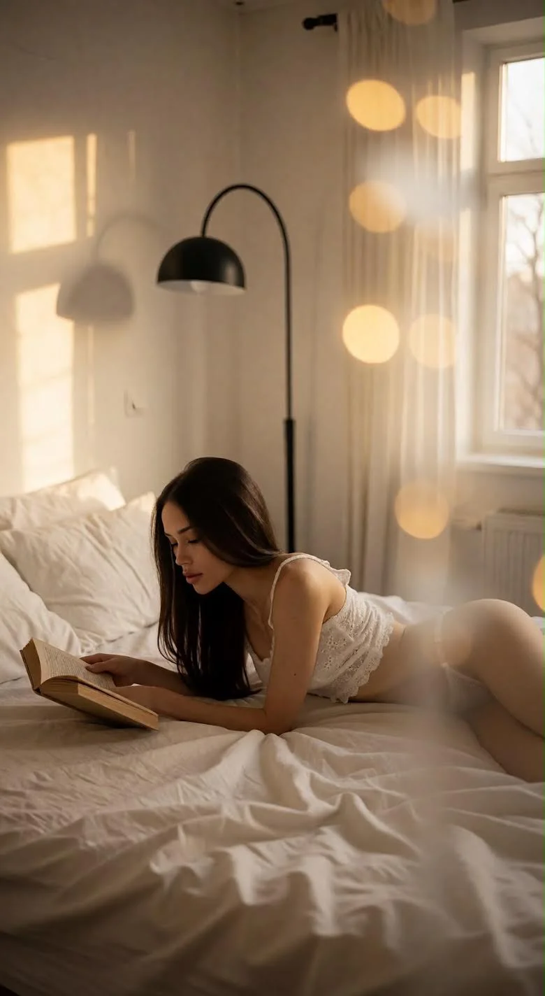 Woman in white lingerie reading a book on bed.