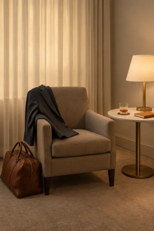 A hotel suite corner with a charcoal suit jacket over the arm of a taupe armchair, a brown leather holdall on the floor beside it, and a marble side table with a lamp, a glass with an amber drink on a coaster and a closed tan notebook.