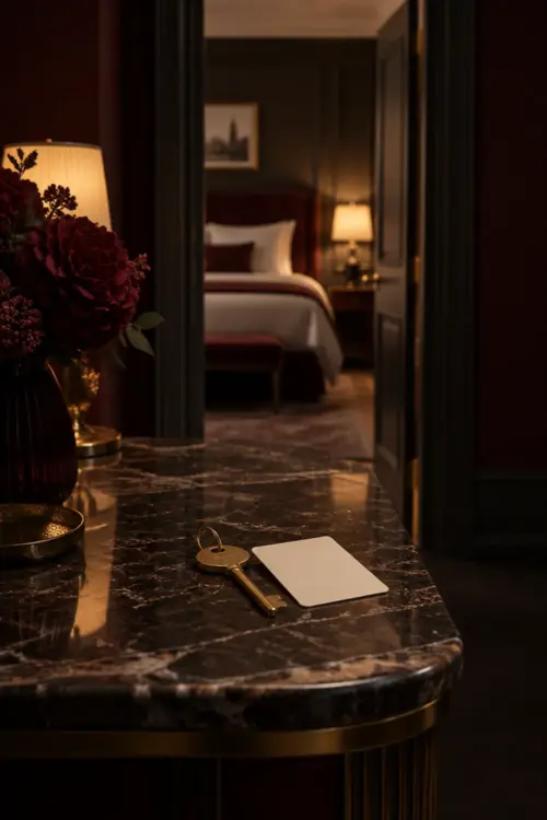 A brass room key and a blank cream card on a marble console in a hotel suite.