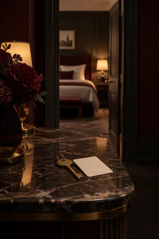 A brass room key and a blank cream card on a marble console in a hotel suite.