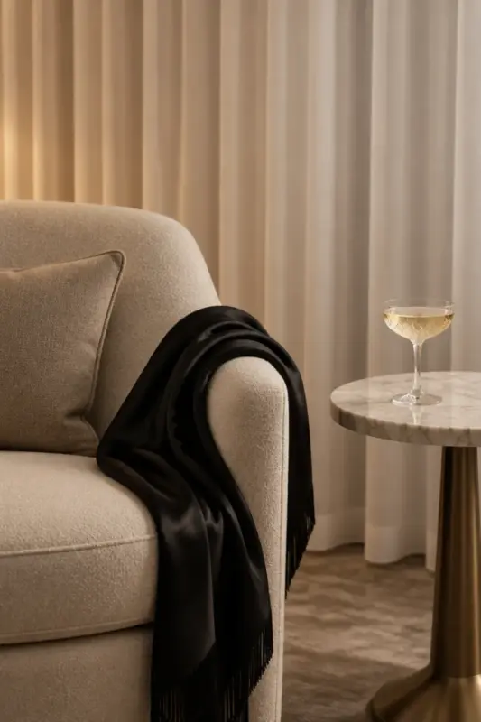 A cream armchair with a black silk wrap draped over its arm, beside a marble side table holding a champagne coupe, in front of cream curtains.